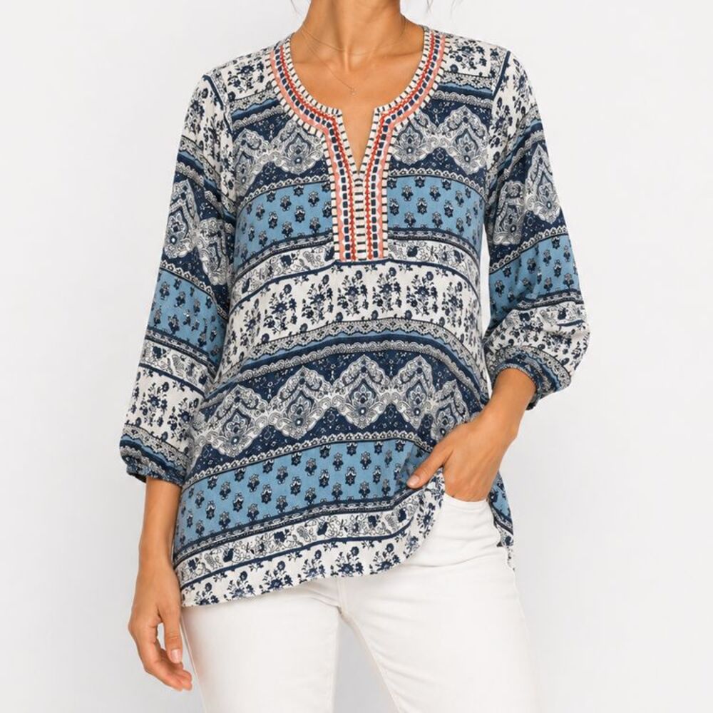 Panhandle Blouse Women’s Sz L Blue Boho Floral Border Print Peasant Embroidered